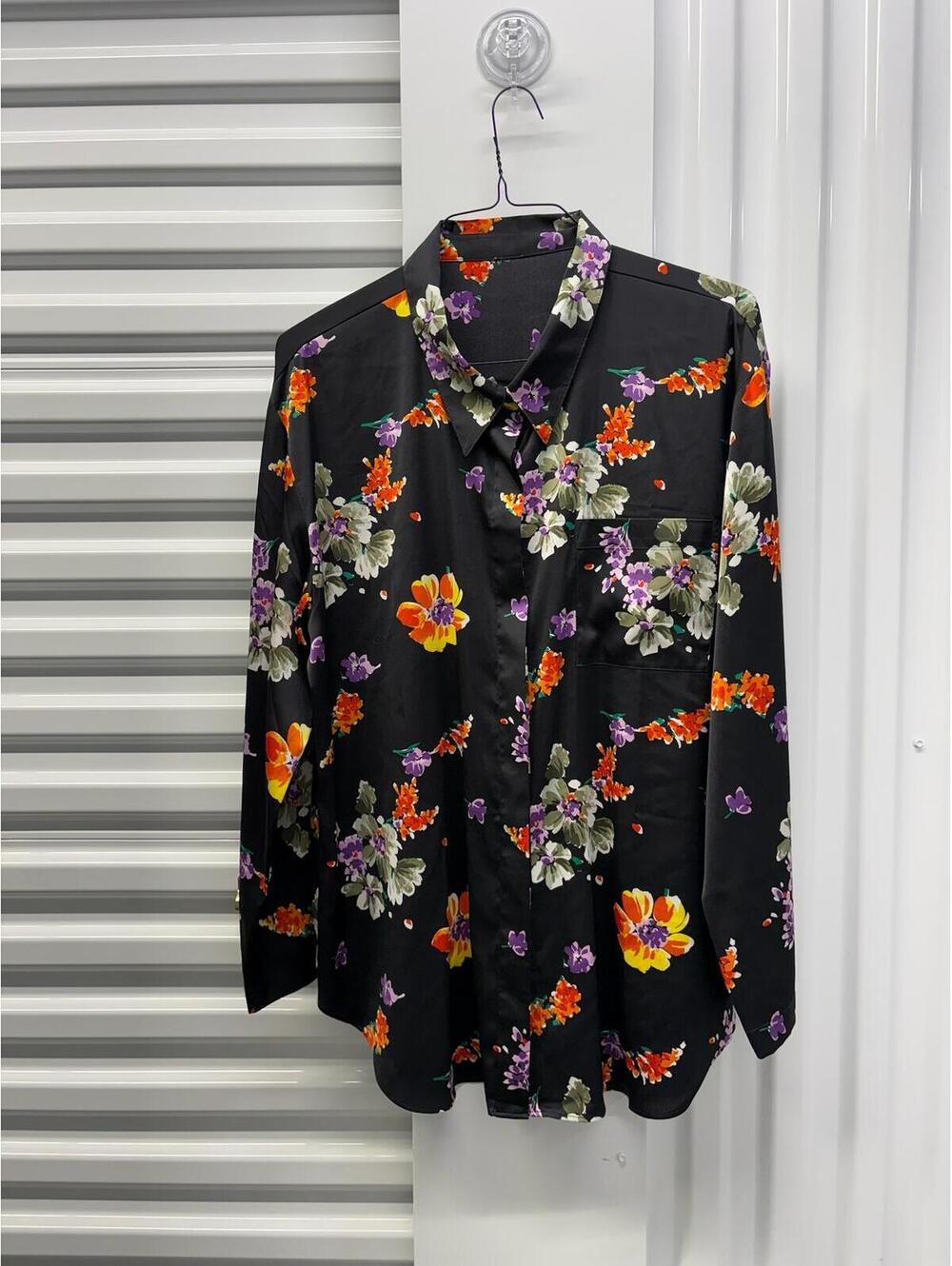 Savage X Fenty Women’s Black Floral Satin Button Up Shirt Long Sleeve
